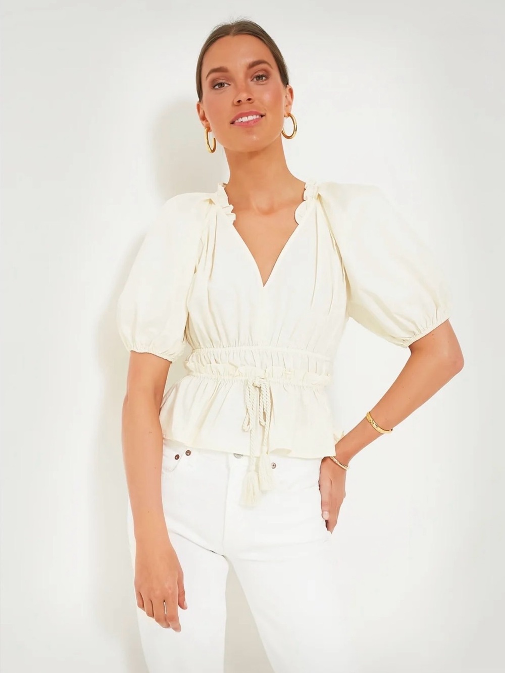 Cream Puff-Sleeve Peplum Top with Drawstring Waist